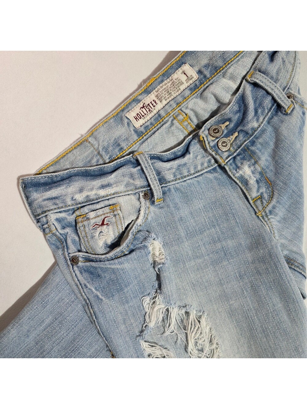 Vintage Hollister Y2K Distressed Low Rise Flare Jeans 100% Cotton 2-Button Fly 1